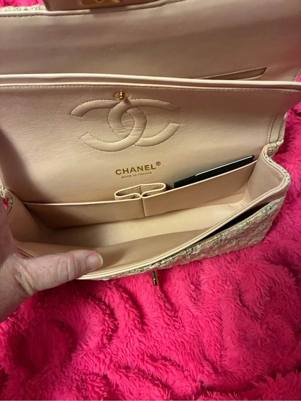 CHANEL Pastel Pink and Cream Tweed Shoulder Bag with Gold Chain